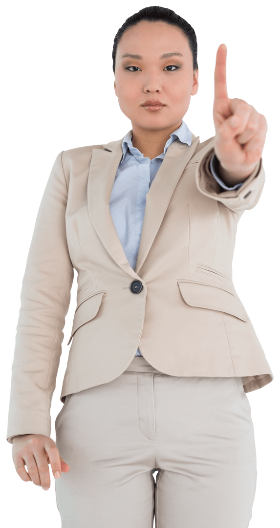 Asian Businesswoman Pointing Transparent Touchscreen