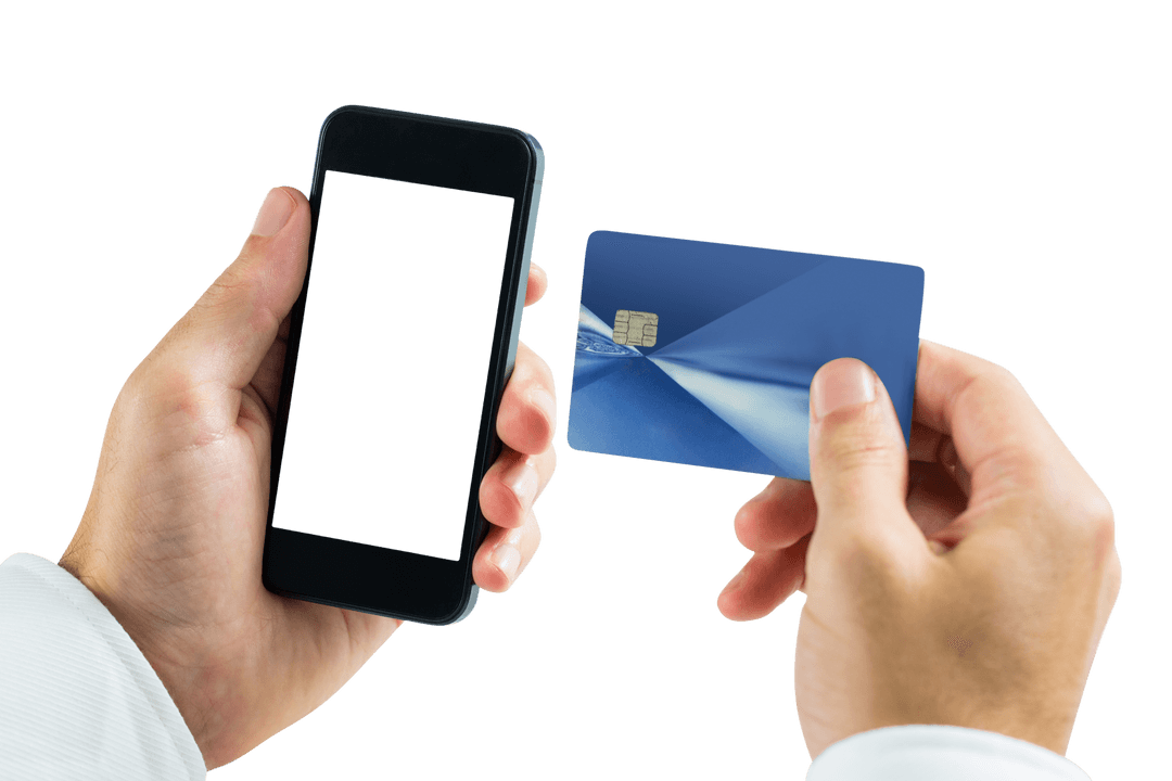 Man Holding Smartphone and Credit Card on Transparent Background