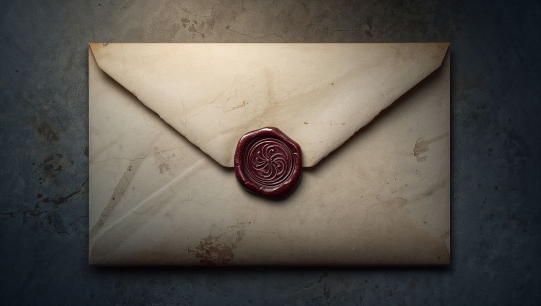 Aged parchment envelope featuring red wax seal and vintage creases on dark surface