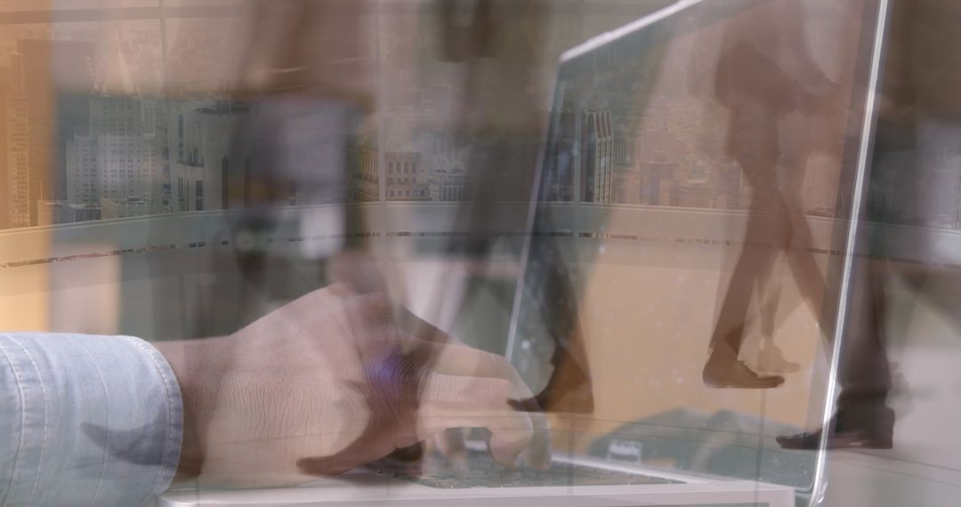 Businessman Using Laptop Amidst Moving Figures Symbolizing Global Connections