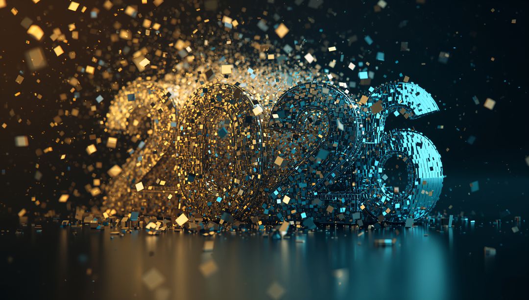 2026 Dissolving into Floating Microcubes with Duotone Gold and Teal Futuristic Glow