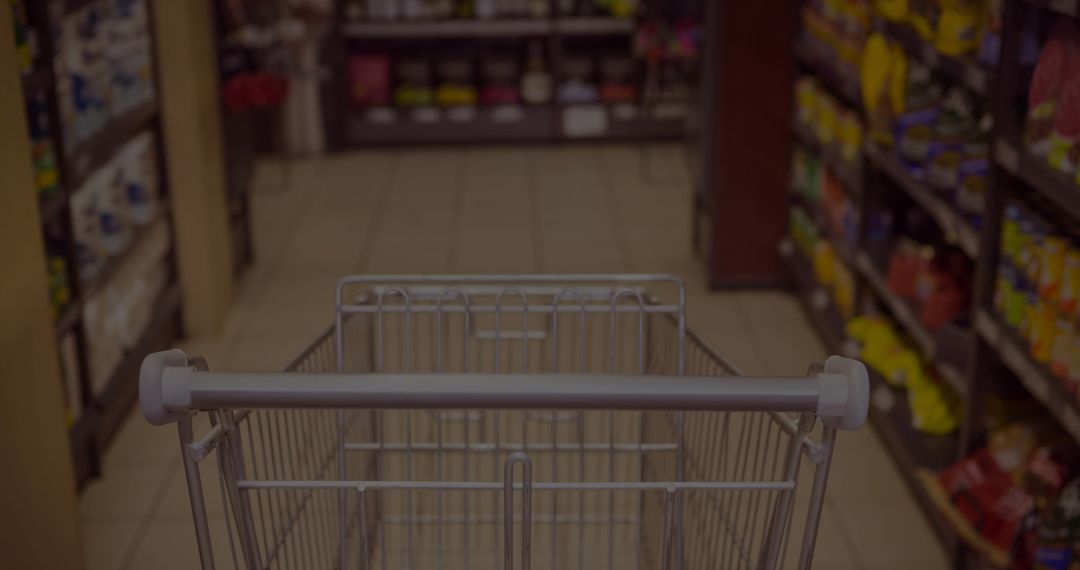 Shopping cart in grocery store aisle filled with diverse products