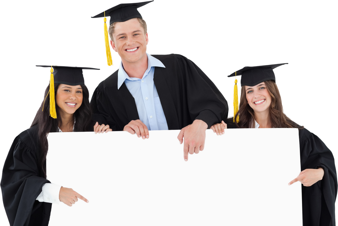 Graduates Smiling While Pointing at Blank Transparent Sign - Download Free Stock Images Pikwizard.com