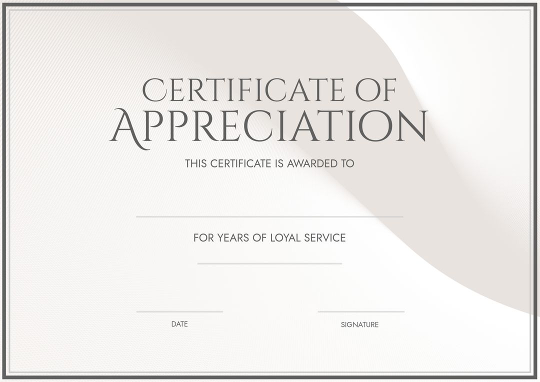 Certificate of Appreciation for Loyal Service with Elegant Grey and White Design - Download Free Stock Templates Pikwizard.com