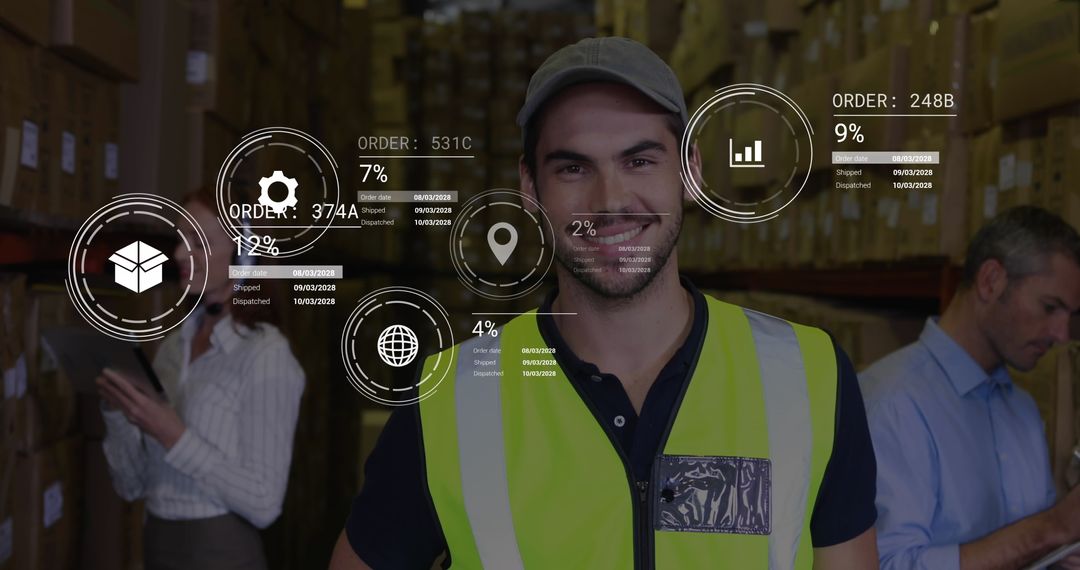 Smiling Warehouse Worker with Futuristic Data Overlay
