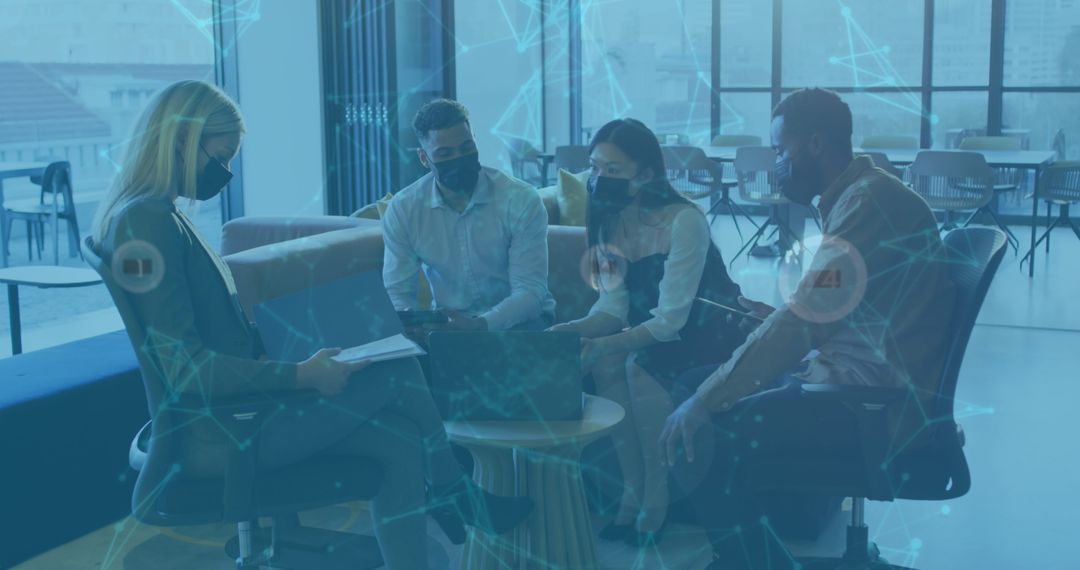 Diverse Business Team Discussing in Office with Digital Overlay