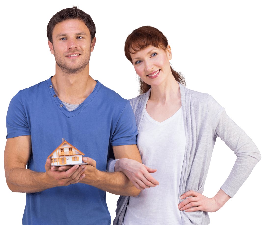 Cheerful Couple Holding House Model on Transparent Background