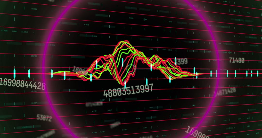 Dynamic neon circular patterns with randomized data visualization elements