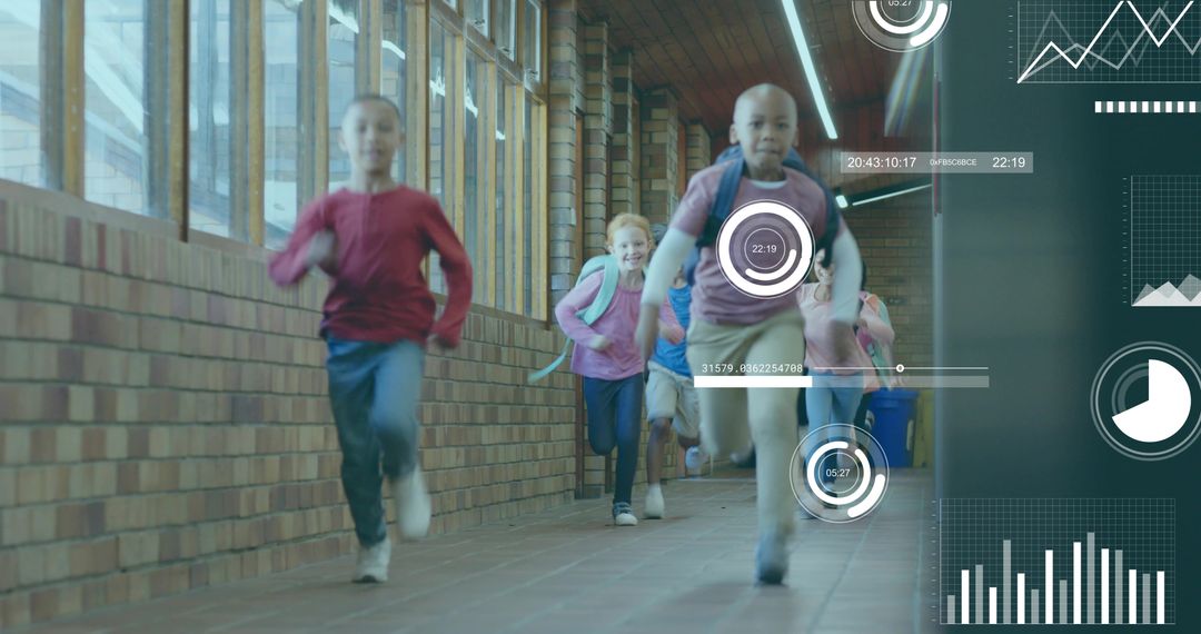 Running Schoolchildren Sprinting Down Brick Corridor With Augmented Reality Data Overlays