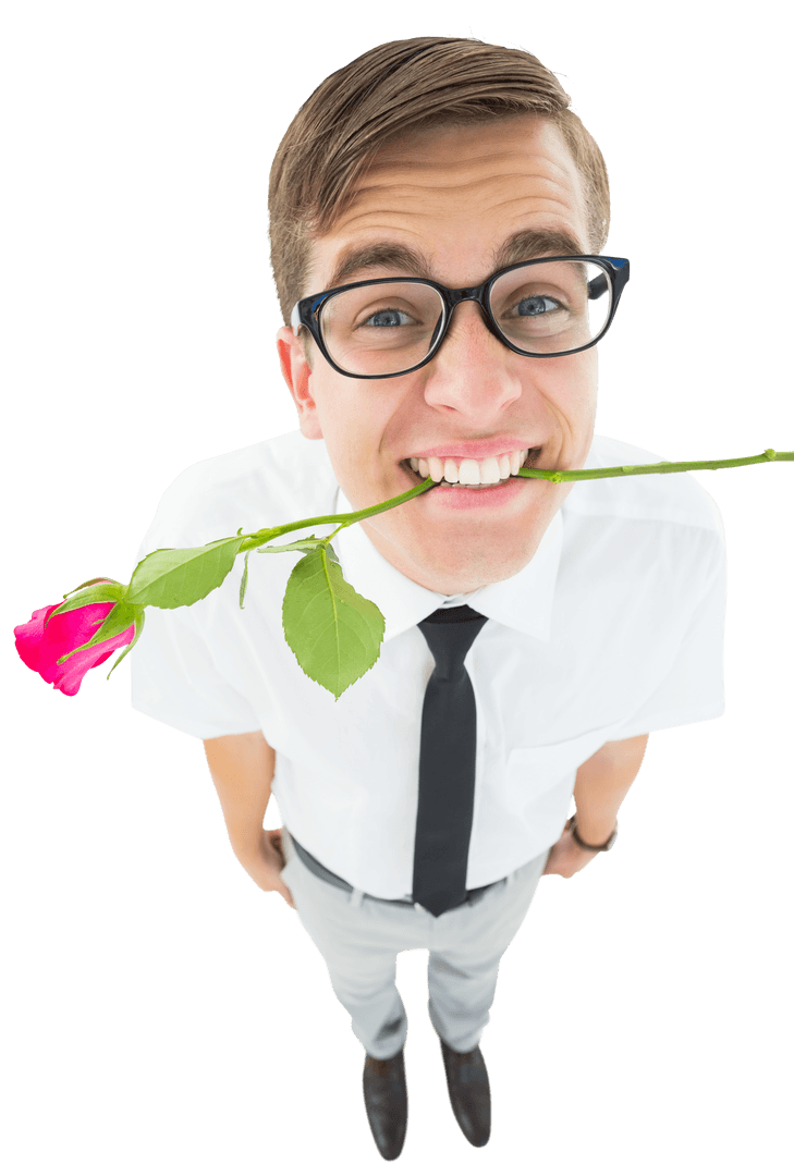 Quirky Businessman Holding Red Rose in Transparent Background