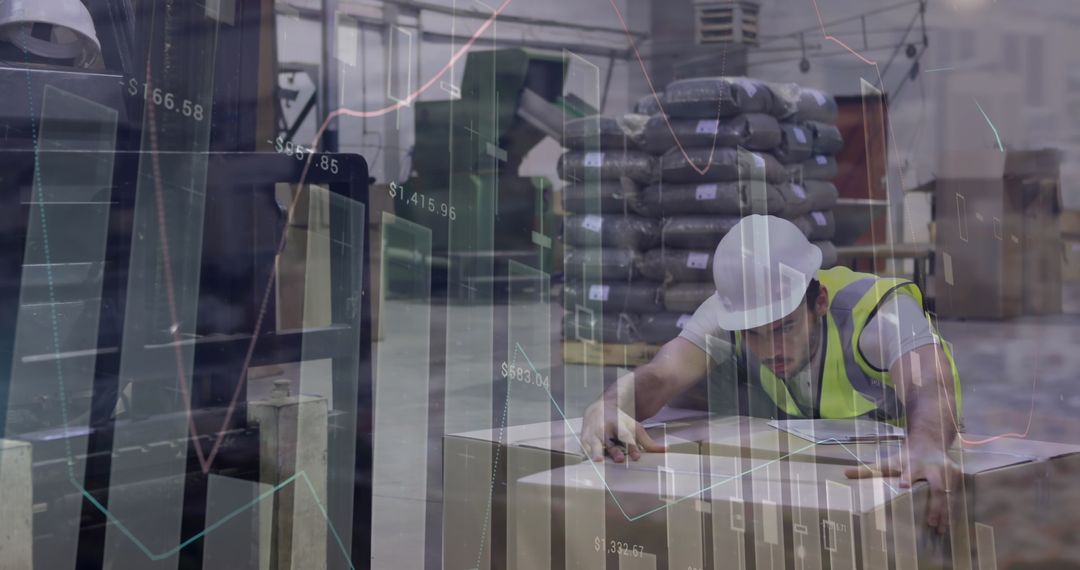 Logistics Worker Organizing Packages with Overlaid Statistical Data