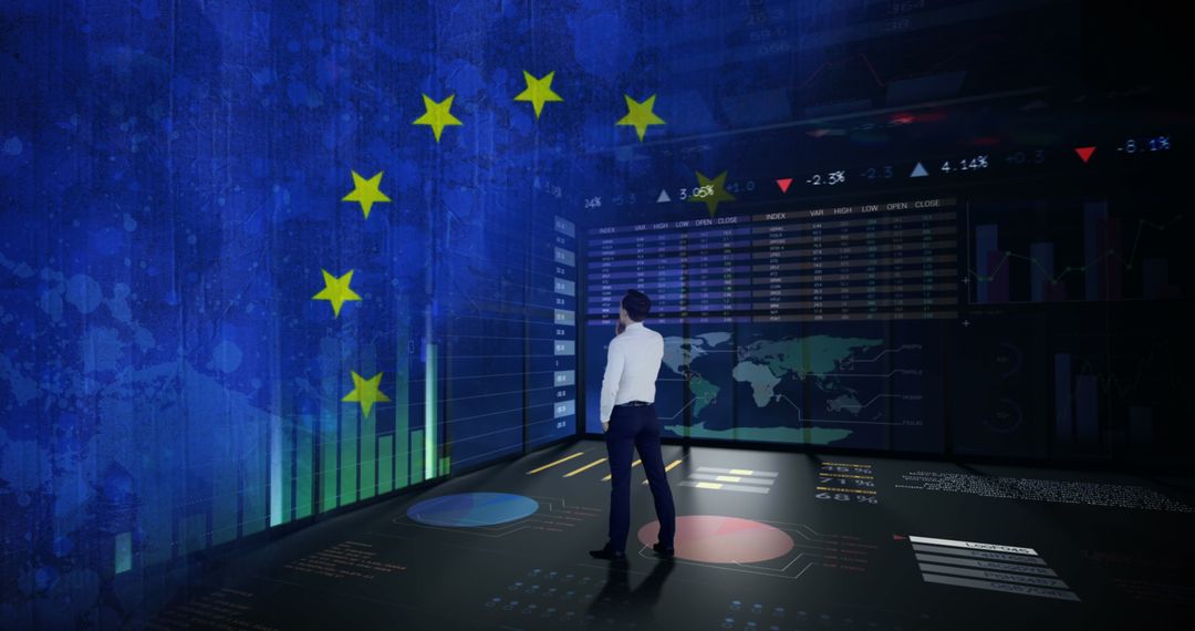 Businessman Observing Data Displays with EU Flag