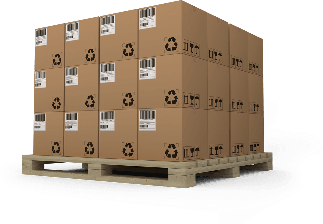 Transparent Stack of Barcoded Cardboard Boxes on Wooden Pallet