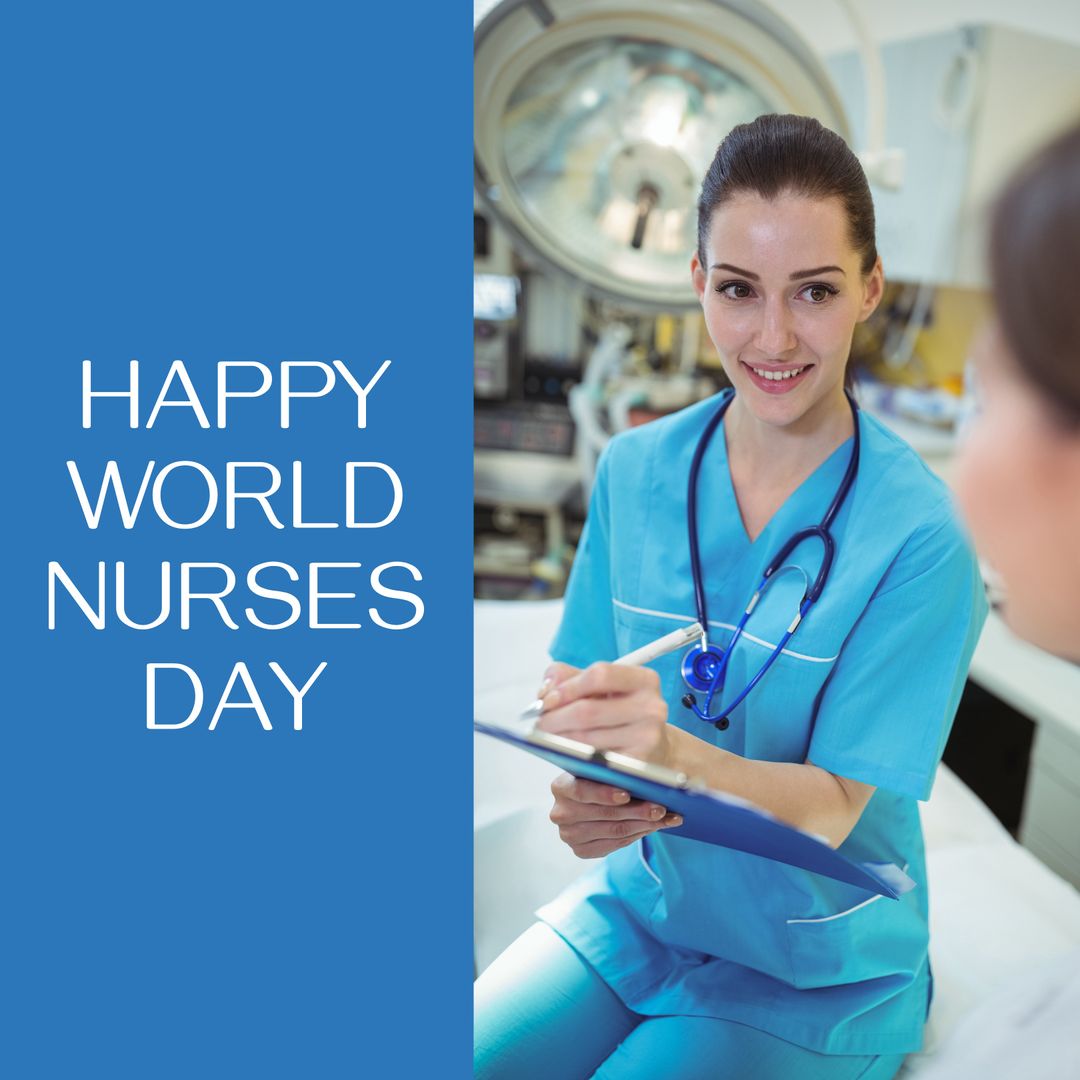 Happy World Nurses Day Celebration with Smiling Nurse Writing on Clipboard - Download Free Stock Templates Pikwizard.com