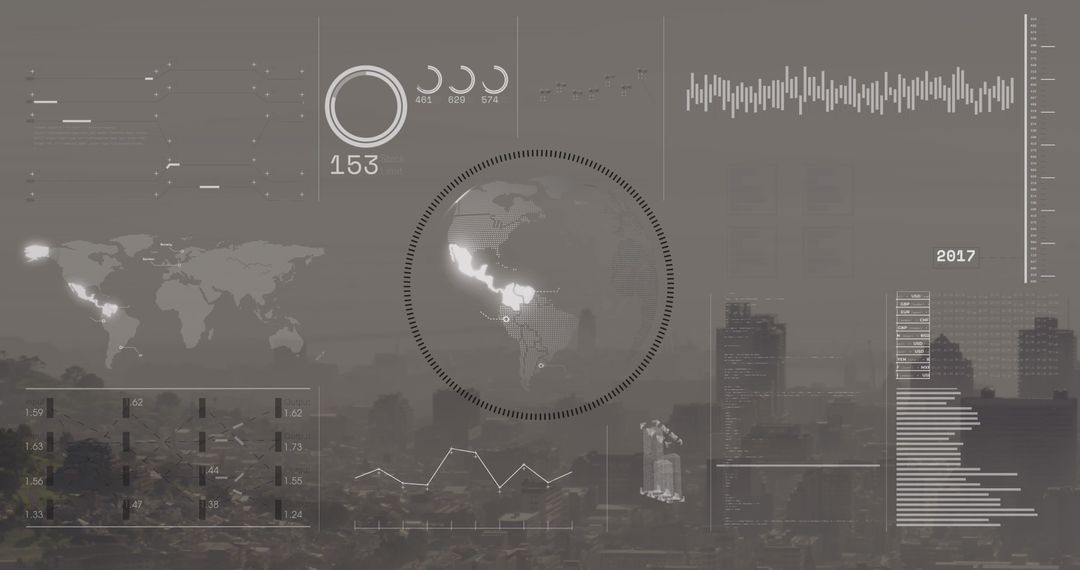 Futuristic Data Interface Over Cityscape with Spinning Globe
