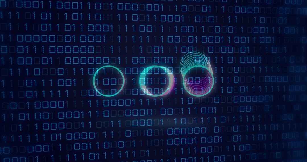 Neon Circles on Binary Code Background