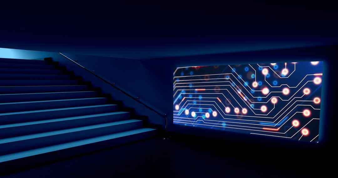 Futuristic Digital Data Display in High-Tech Staircase Ambiance