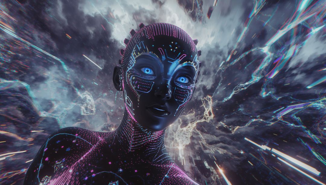 Futuristic Humanoid with Neon Circuitry in Digital Storm