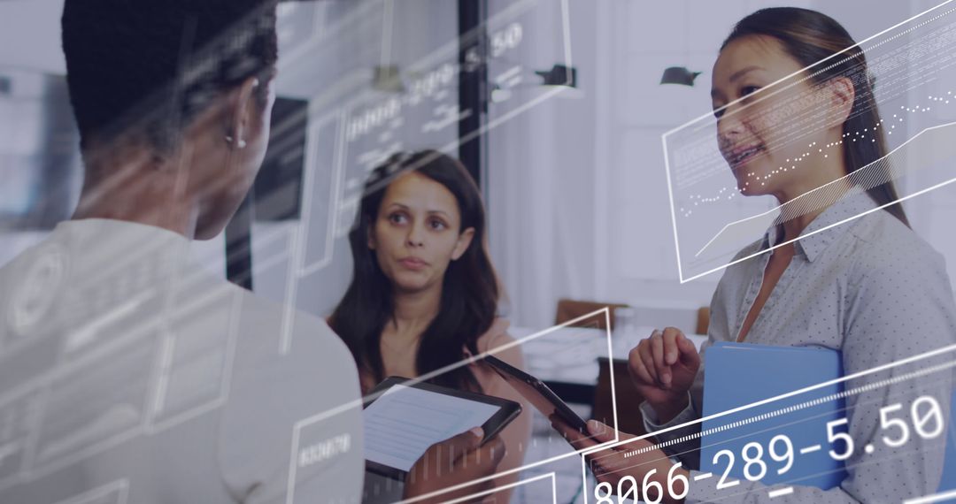 Diverse Team Discussing Data with Digital Interface Overlays