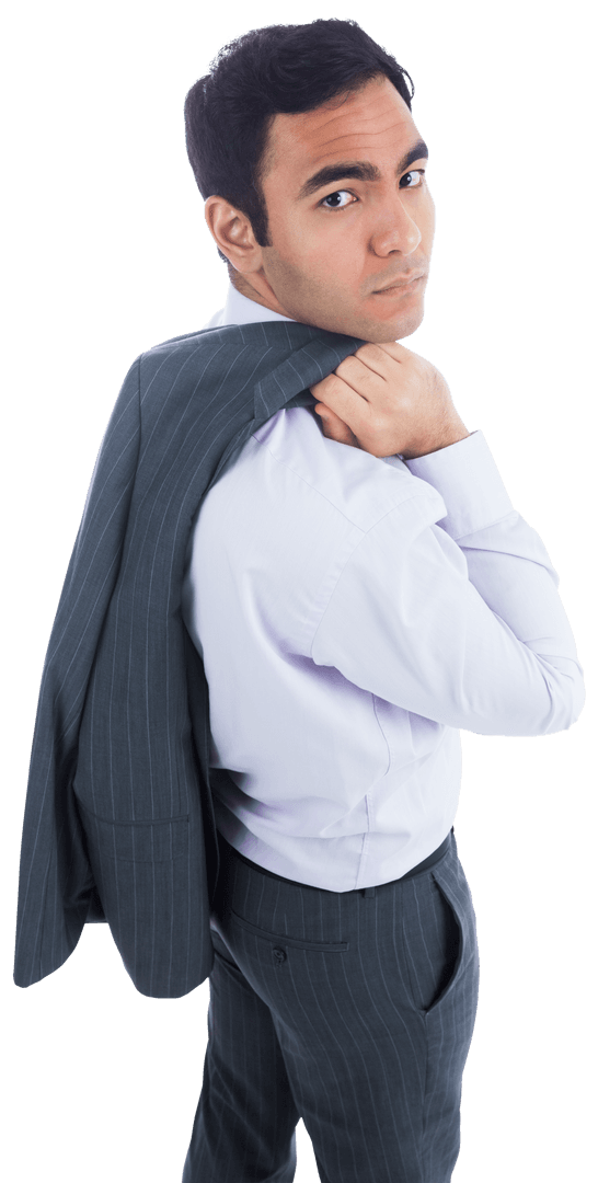 Confident Biracial Businessman Carrying Jacket Transparent Background