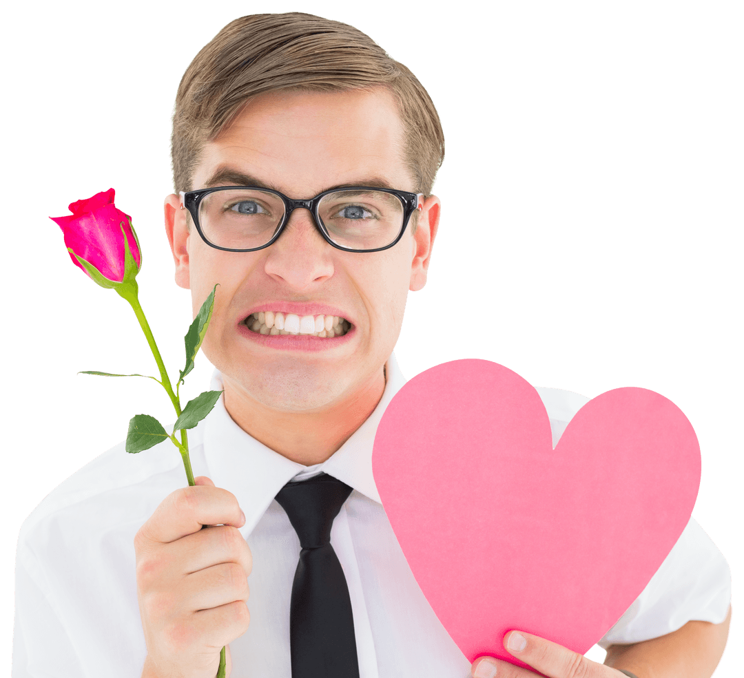 Nerdy Man Holding Rose and Heart, Transparent Background Humor