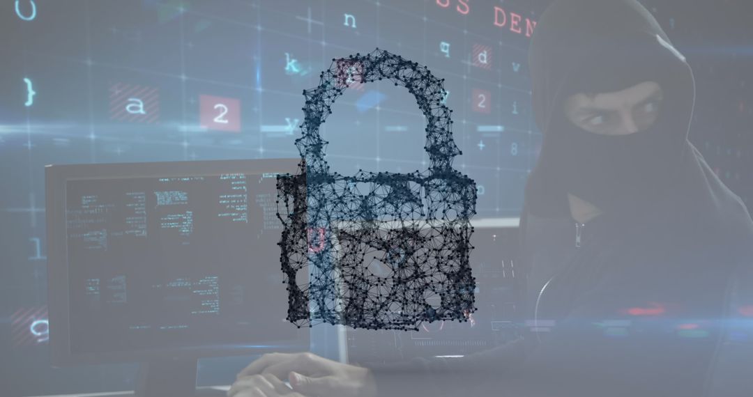 Cybersecurity Concept with Hacker and Digital Padlock Overlay