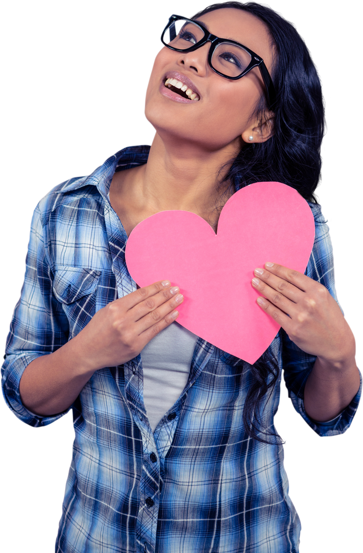 Young Woman Wearing Glasses Holding Heart Cutout Looking Up Smiling Transparent Background - Download Free Stock Images Pikwizard.com