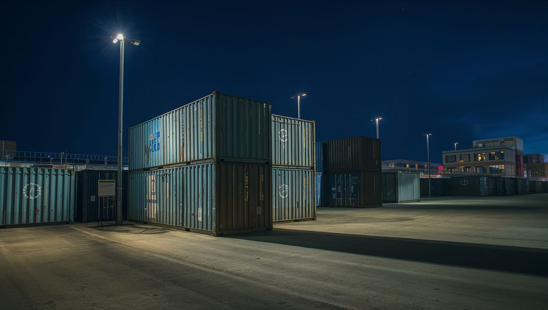 Stacked shipping containers at night under floodlights casting long shadows across yard