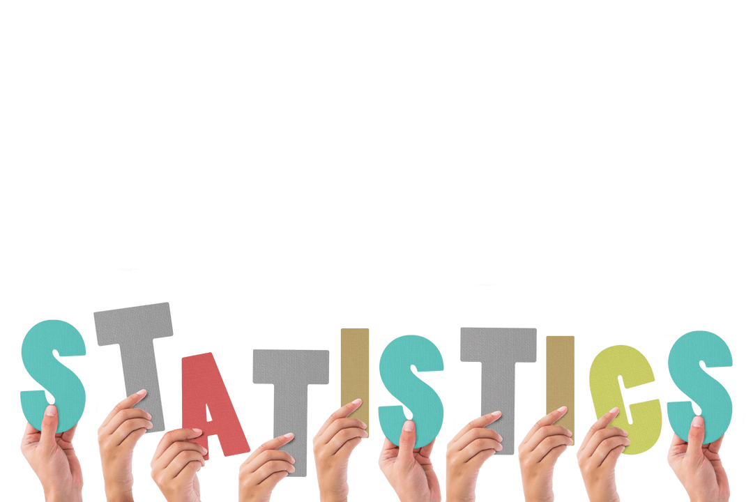 Hands Holding Colorful Letters Spelling Statistics on Transparent Background