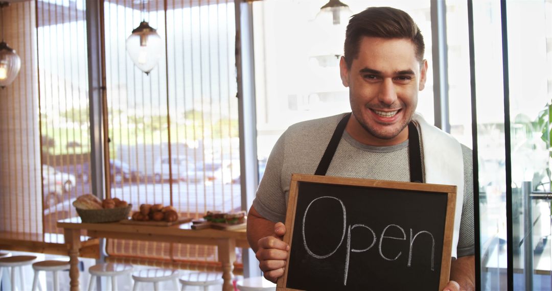 Smiling Waiter Welcoming Customers in Cozy Cafe with Open Sign