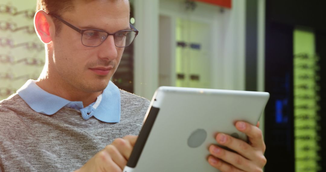 Focused Man with Glasses Using Tablet for Work or Study - Free Images, Stock Photos and Pictures on Pikwizard.com