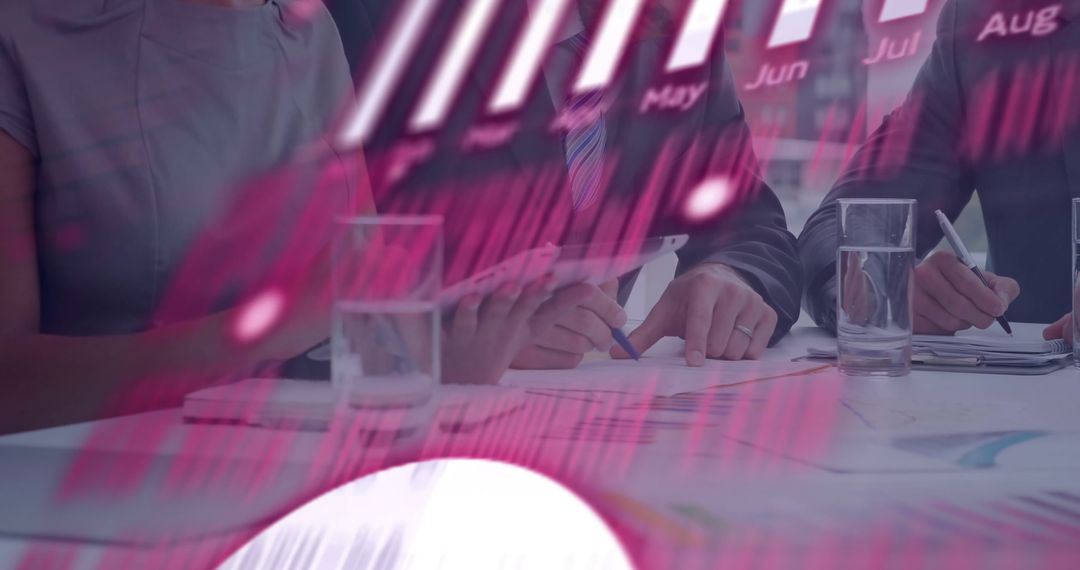 Innovative Business Meeting with Digital Financial Analysis Overlay