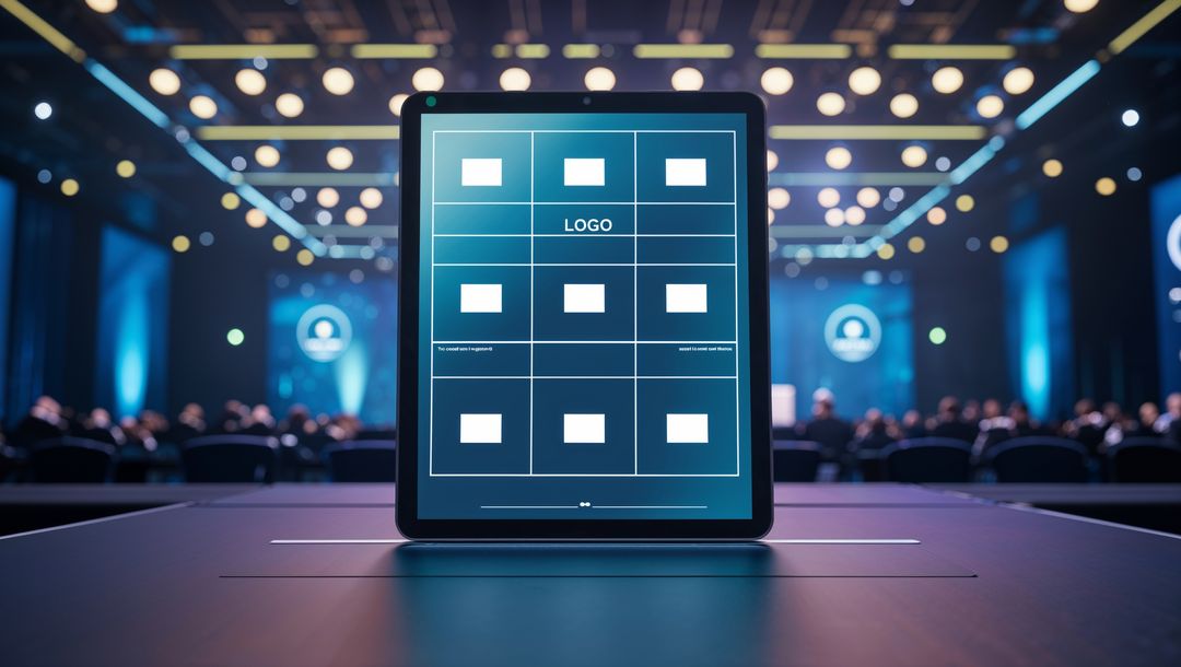 Tablet with Grid Displaying Logo on Stage at Corporate Event