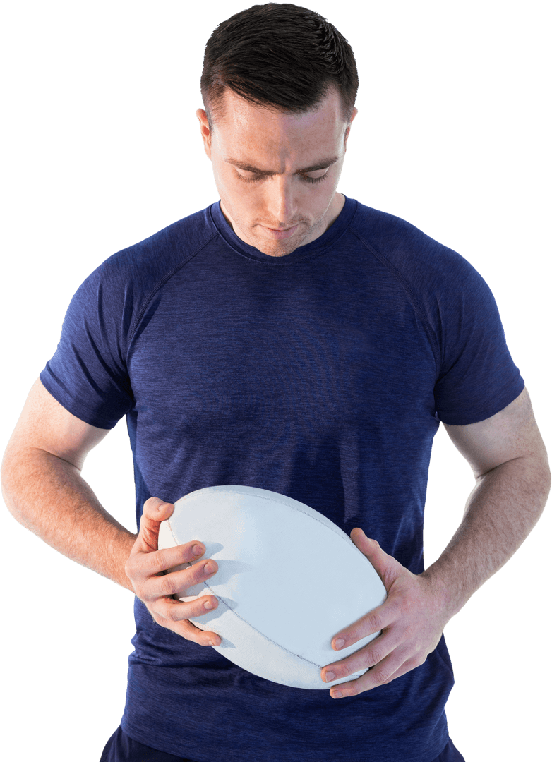 Thoughtful Man Holding Rugby Ball in Cropped Transparent Design