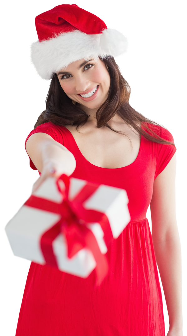 Merry Woman in Santa Hat Offering Gift on Transparent Background - Download Free Stock Images Pikwizard.com