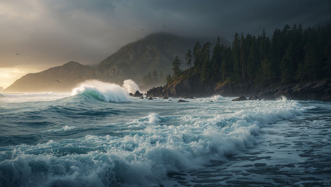 Dramatic Ocean Waves Crashing Against Rocky Shoreline at Dusk