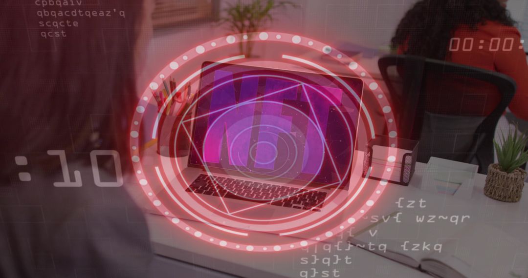 Projecting holographic circular HUD over laptop in coworking workspace, futuristic teamwork
