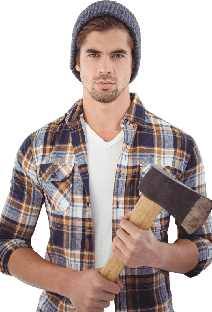 Confident Bearded Man Holding Axe on Transparent Background