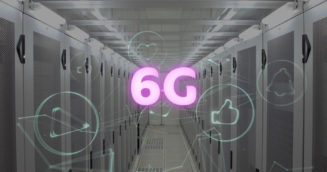 6G Technology Emerging in Futuristic Server Room with Digital Icons