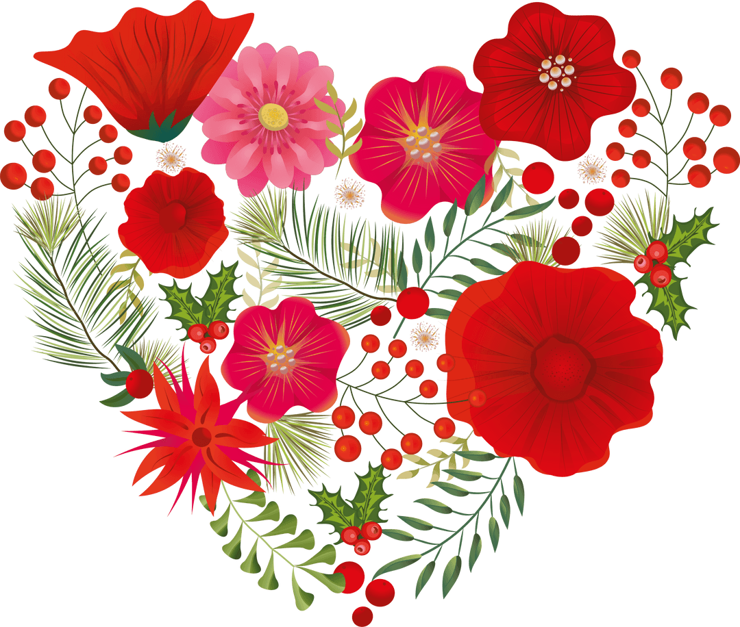 Heart-Shaped Floral Arrangement With Red Poppies on Transparent Background