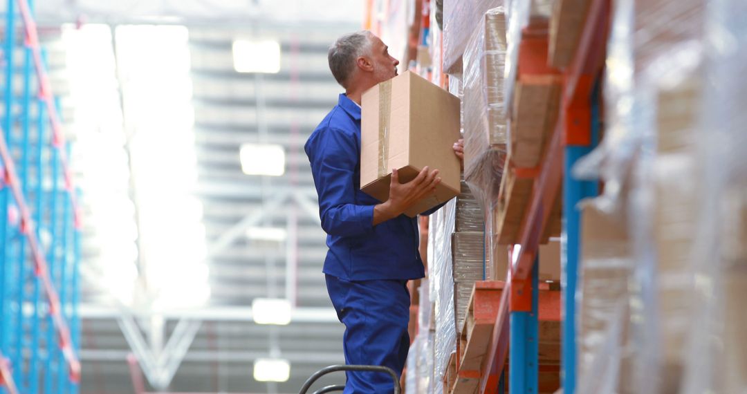 Warehouse Worker Lifting Box on Industrial Shelf - Free Images, Stock Photos and Pictures on Pikwizard.com