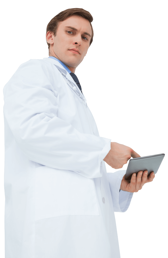 Young Doctor in Lab Coat Using Tablet Transparent Background