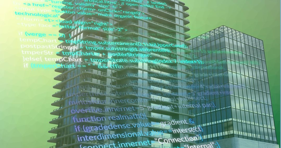 Digital Code Overlay on Modern Architecture Background