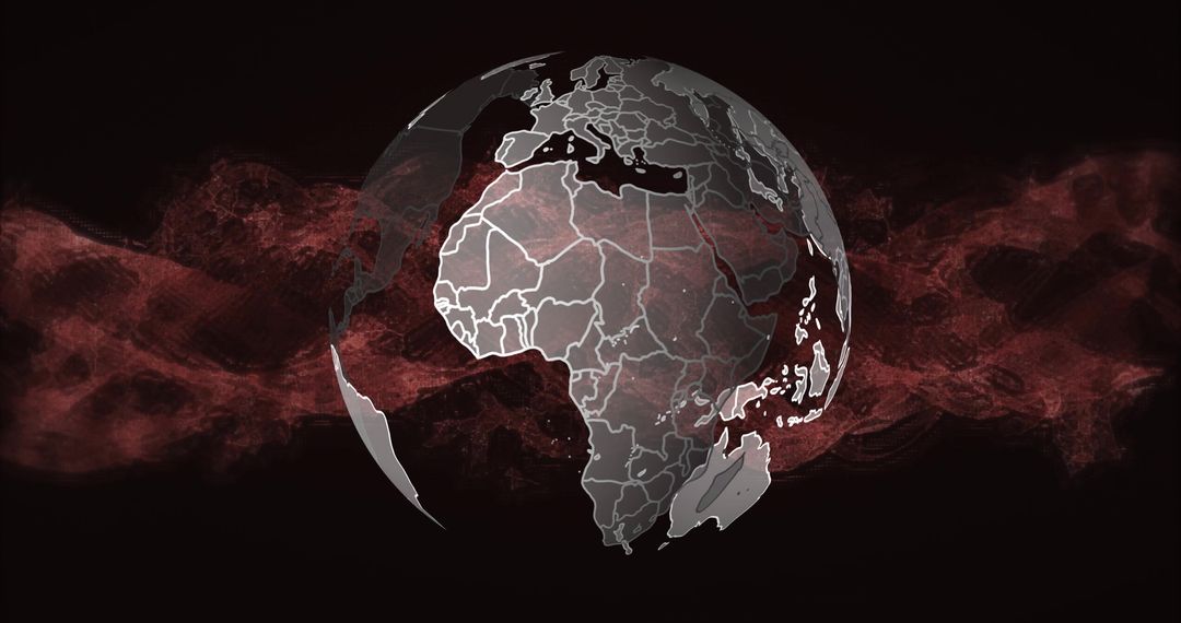 Virtual 3d globe with red digital mesh and white continent boundaries
