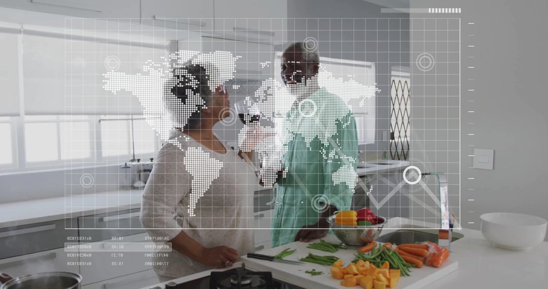 Senior Couple with Digital Data Projection in Modern Kitchen