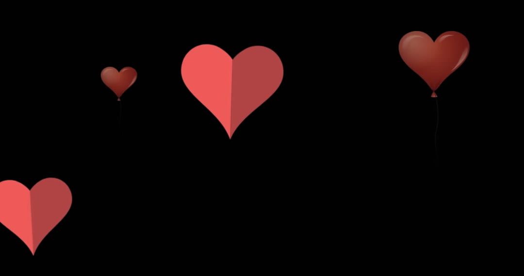 Red Heart Balloons Floating on Black Background