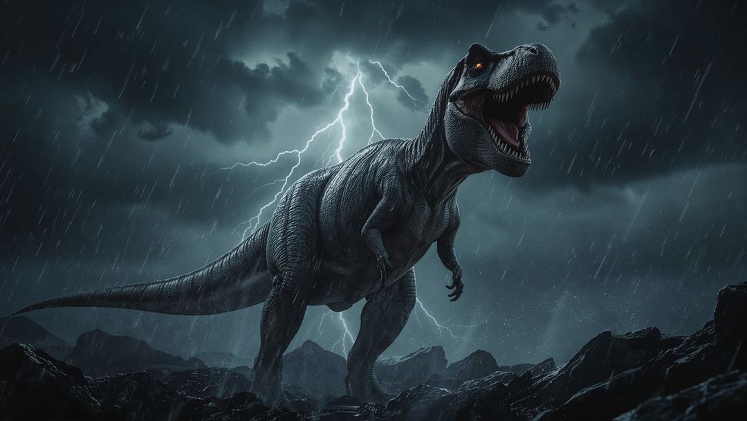 Epic Tyrannosaurus Rex Roaring in Thunderous Storm Rains