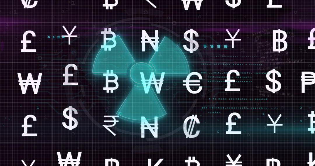 Glowing Radiation Symbol Amidst Currency Grid with Cyber Elements