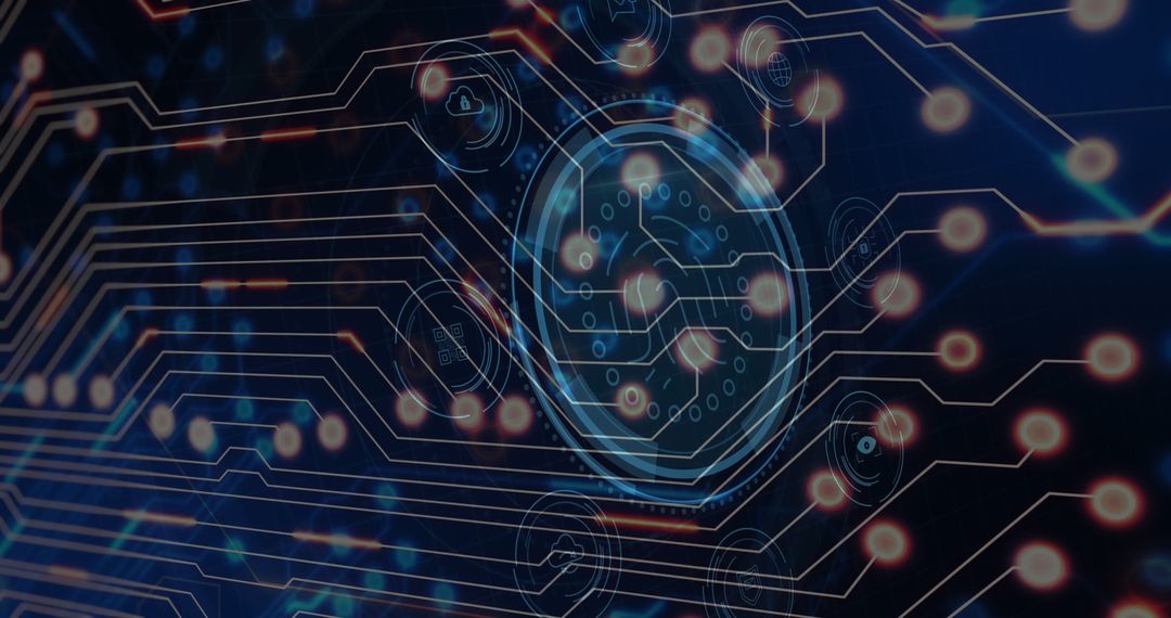 Futuristic Circuit Board with Digital Interface Icons