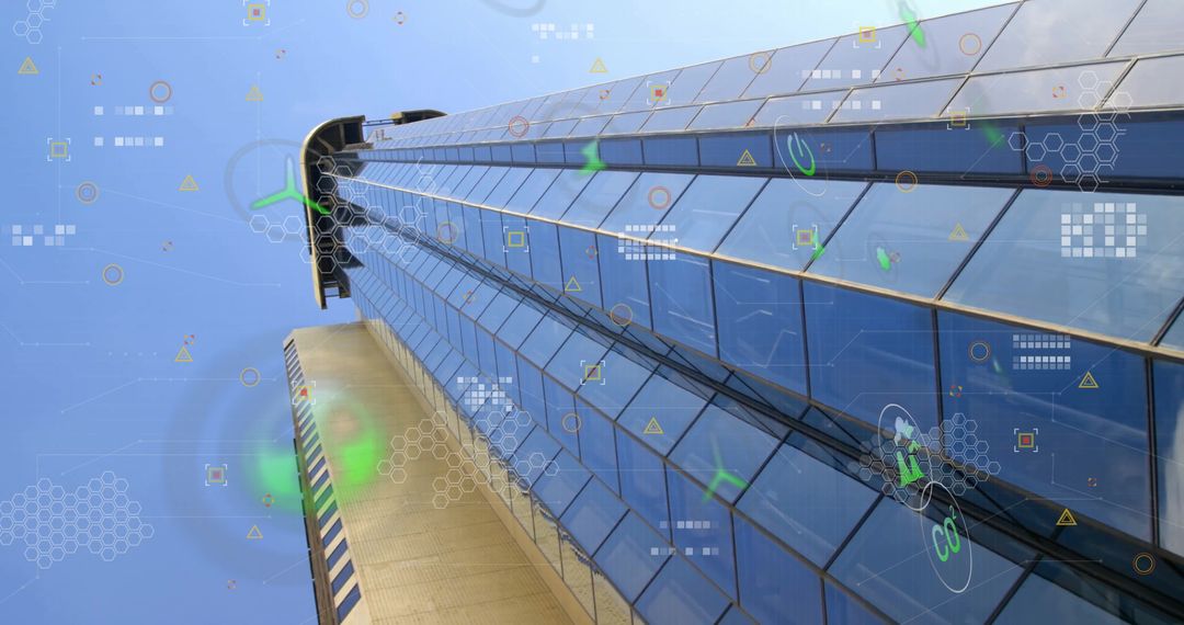 Futuristic Glass Skyscraper with Digital Data Overlay